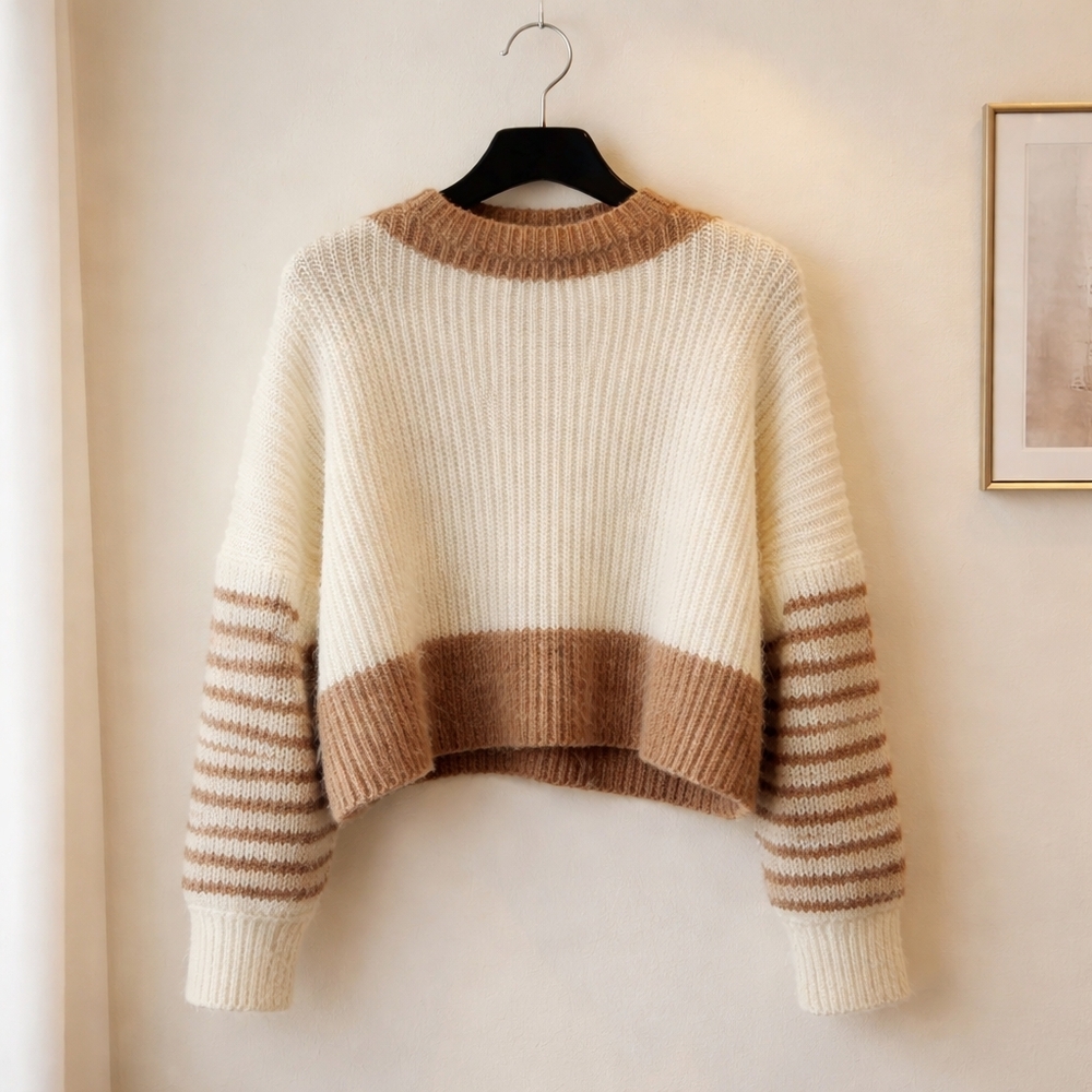 French Connection Winter White & Camel Half-Zip Ribbed Knit Sweater Size Medium - Picture 6 of 11